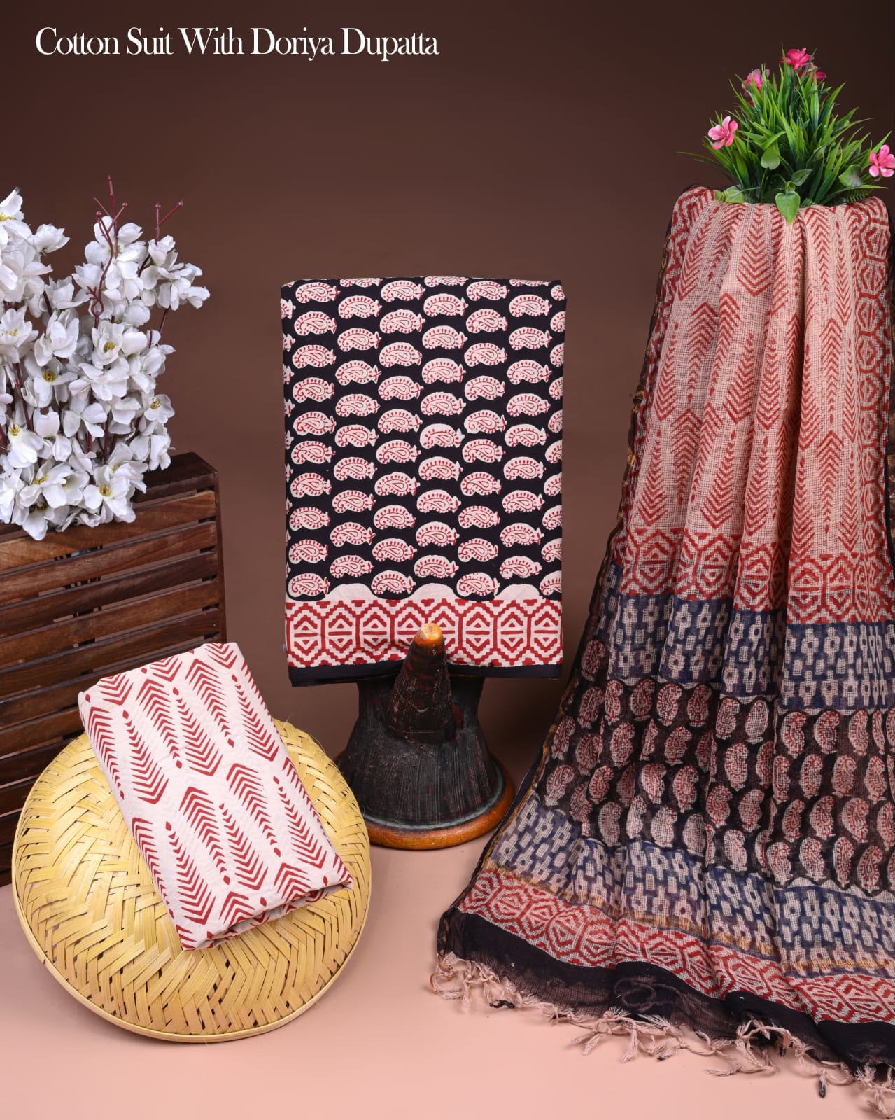 Pure Cotton Hand Block Printed Suit Set With Kota Doria Dupatta