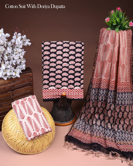 Pure Cotton Hand Block Printed Suit Set With Kota Doria Dupatta