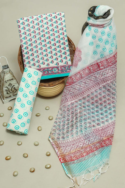 Pure Cotton Hand Block Printed Suit Set With Kota Doria Dupatta