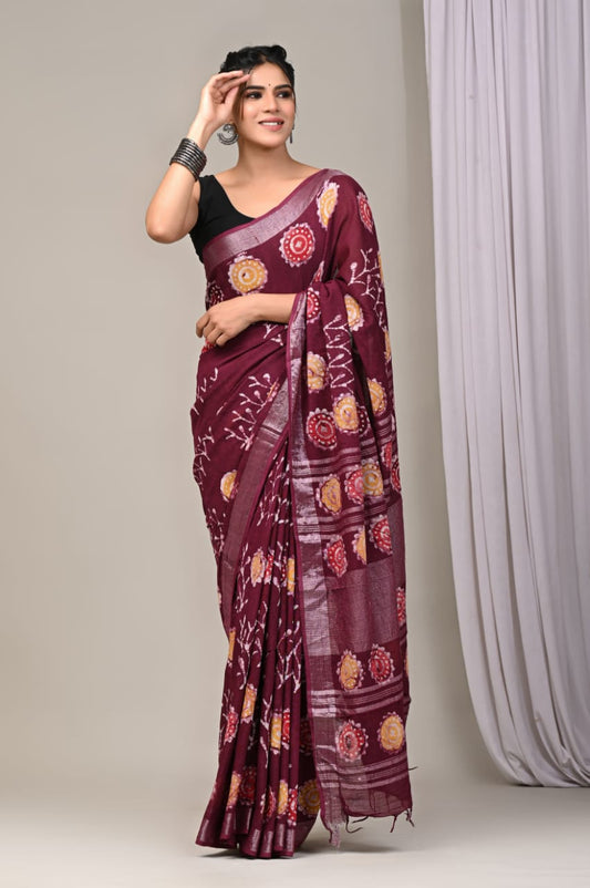 Pure Cotton Linen Handblock Printed Saree With Blouse