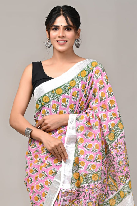 Pure Cotton Linen Handblock Printed Saree With Blouse