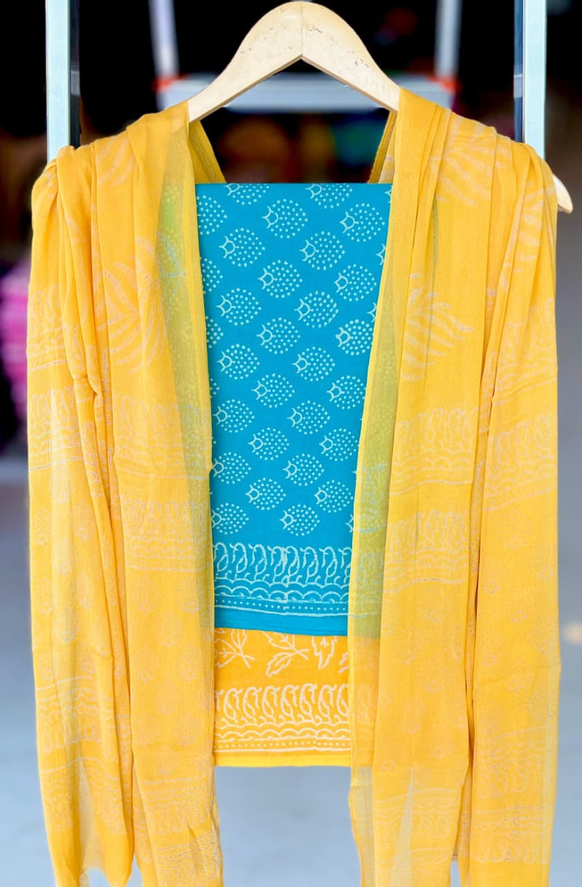 Pure Cotton Hand Block Printed Suit Set With Chiffon Dupatta