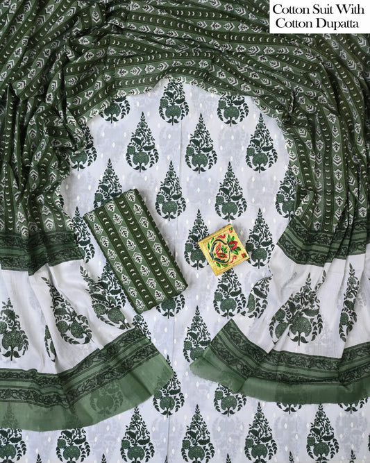 Designer Hand Block Printed Cotton Suit Set With Cotton Dupatta