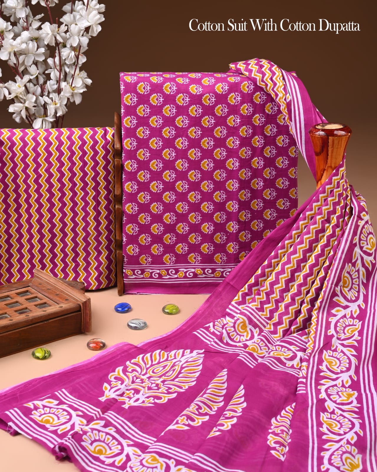 Designer Hand Block Printed Cotton Suit Set With Cotton Dupatta