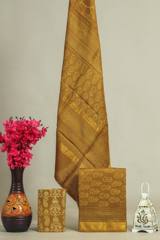 Designer Handblock Printed Maheshwari Silk Suit Set