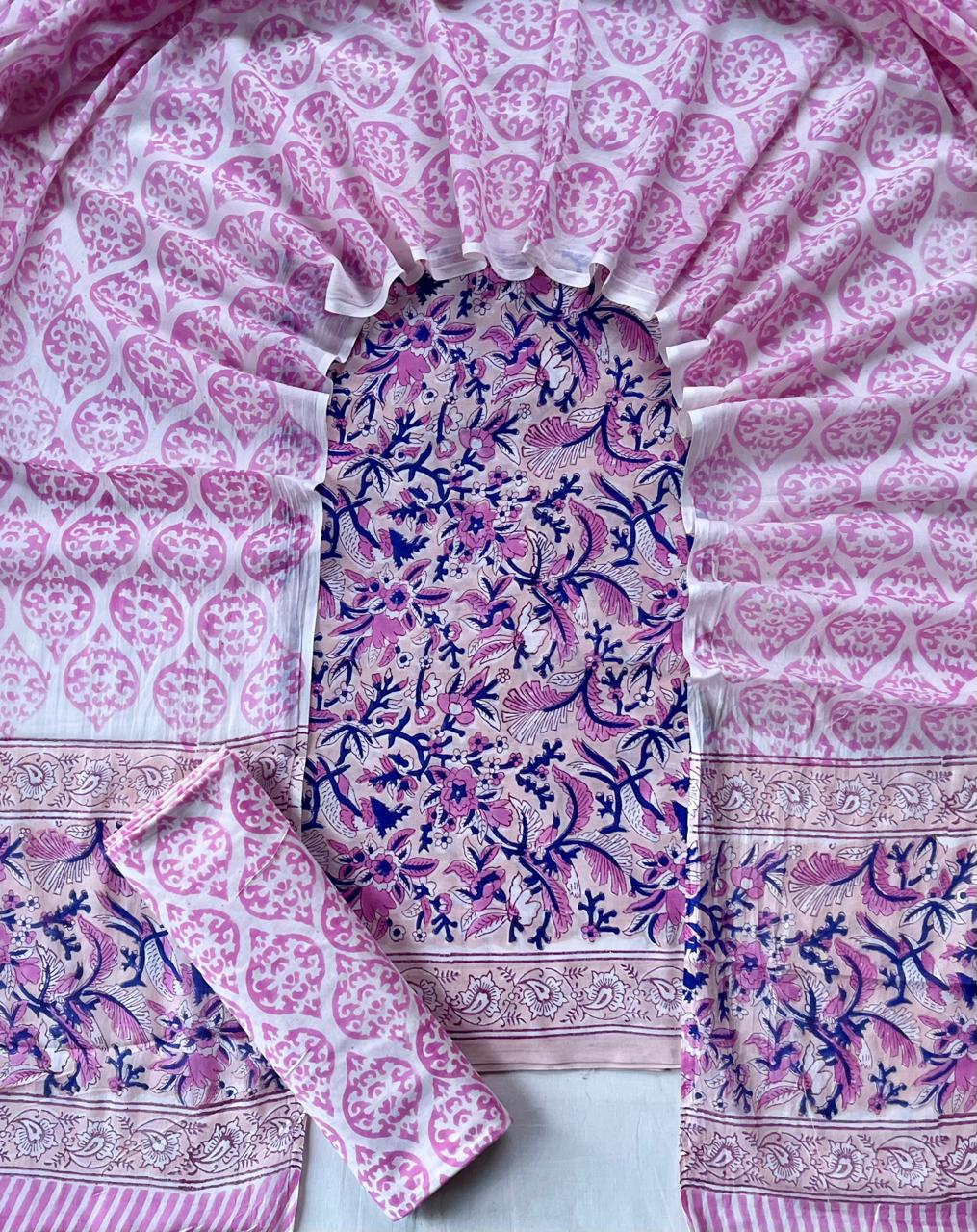 Pure Soft Cotton Hand Block Printed Suit Set With Cotton Dupatta