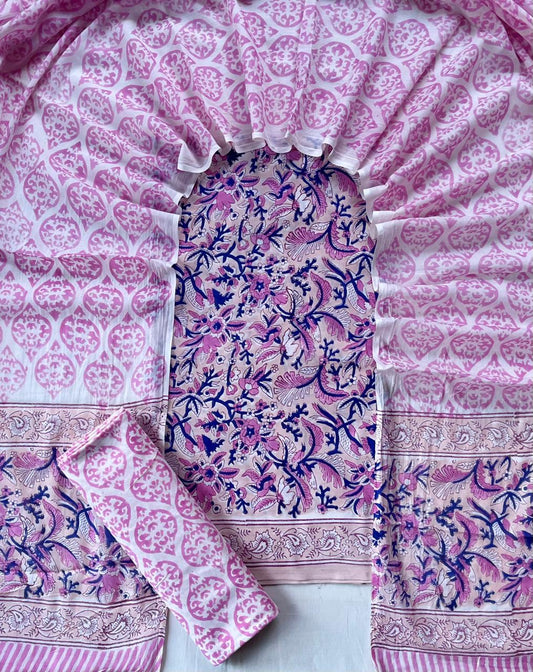 Pure Soft Cotton Hand Block Printed Suit Set With Cotton Dupatta