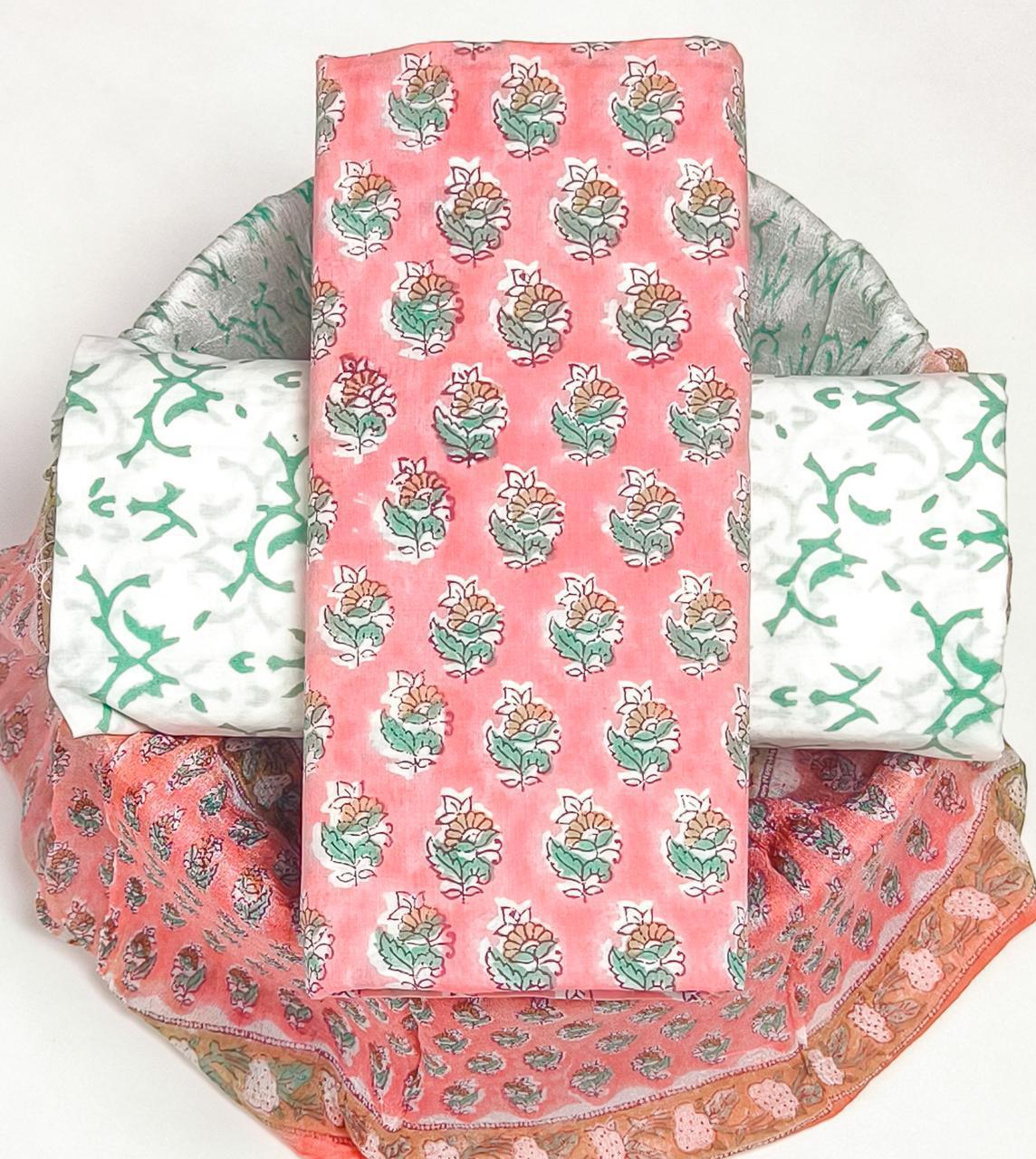 Pure Cotton Hand Block Printed Suit Set With Chiffon Dupatta