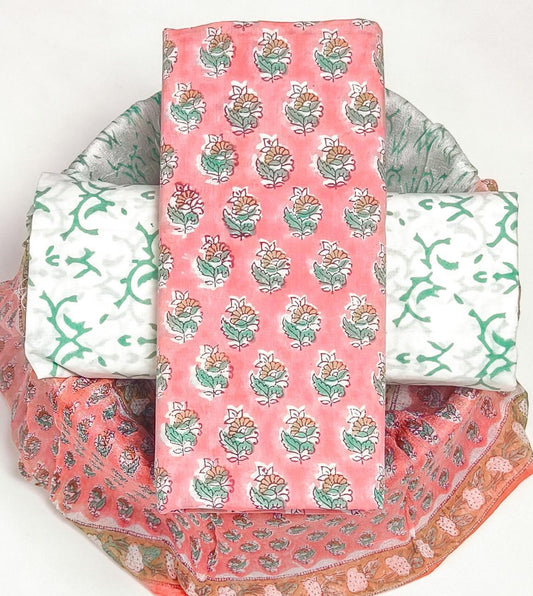 Pure Cotton Hand Block Printed Suit Set With Chiffon Dupatta