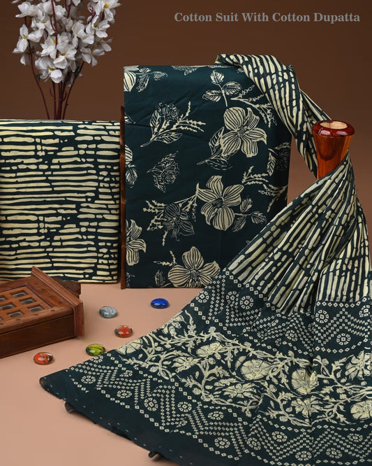 Designer Hand Block Printed Cotton Suit Set With Cotton Dupatta