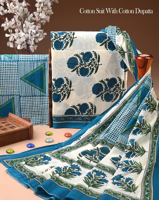 Pure Soft Cotton Hand Block Printed Suit Set With Cotton Dupatta