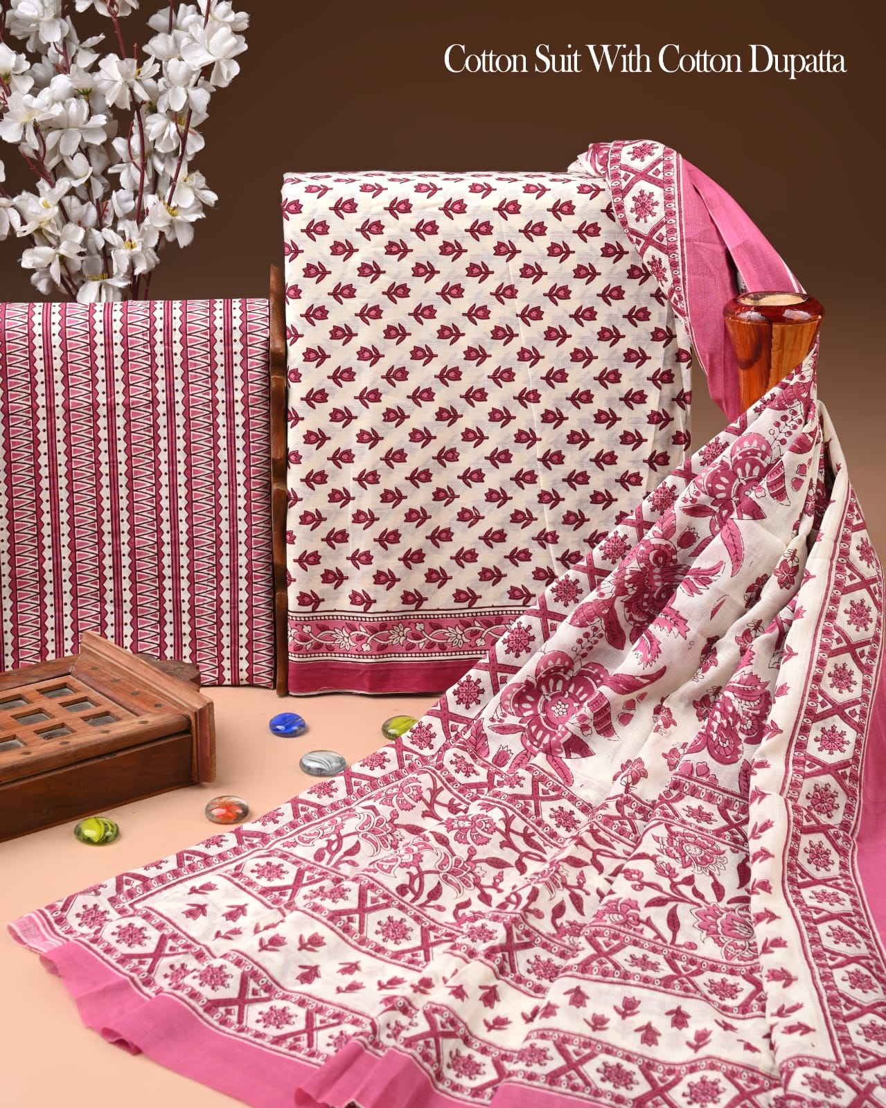 Designer Hand Block Printed Cotton Suit Set With Cotton Dupatta