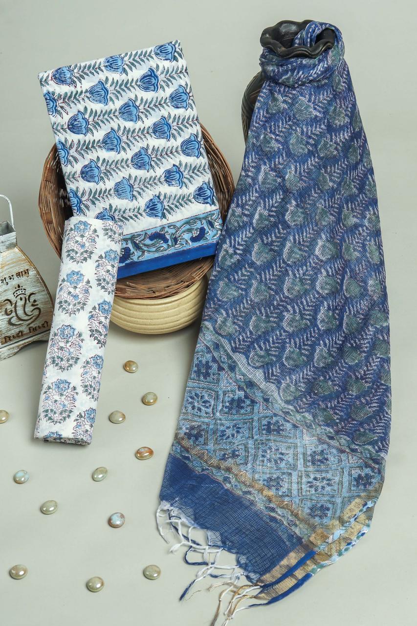 Pure Cotton Hand Block Printed Suit Set With Kota Doria Dupatta