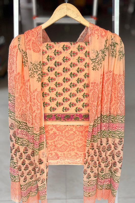 Pure Soft Cotton Hand Block Printed Suit Set With Chiffon Dupatta