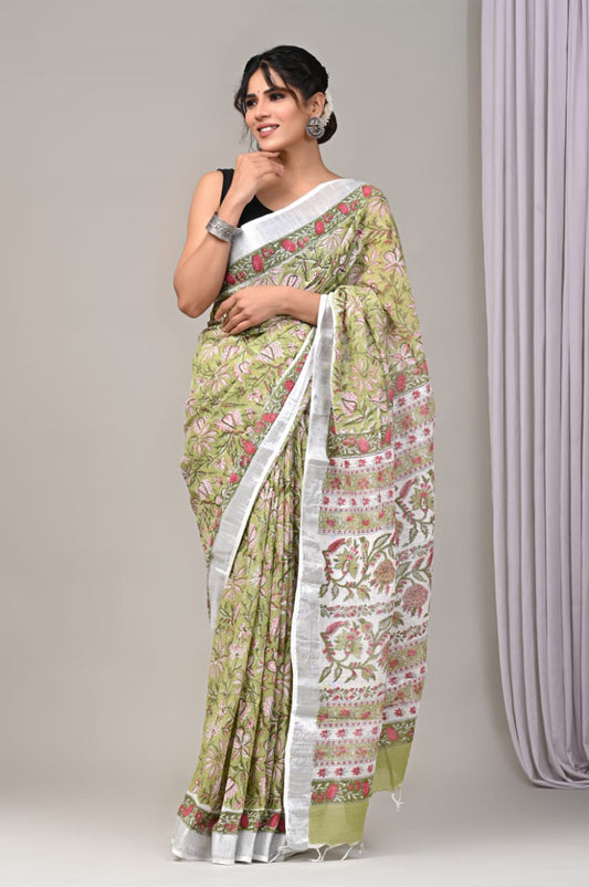 Pure Cotton Linen Handblock Printed Saree With Blouse
