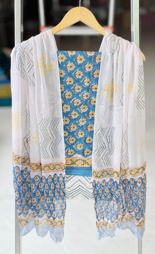 Pure Soft Cotton Hand Block Printed Suit Set With Chiffon Dupatta