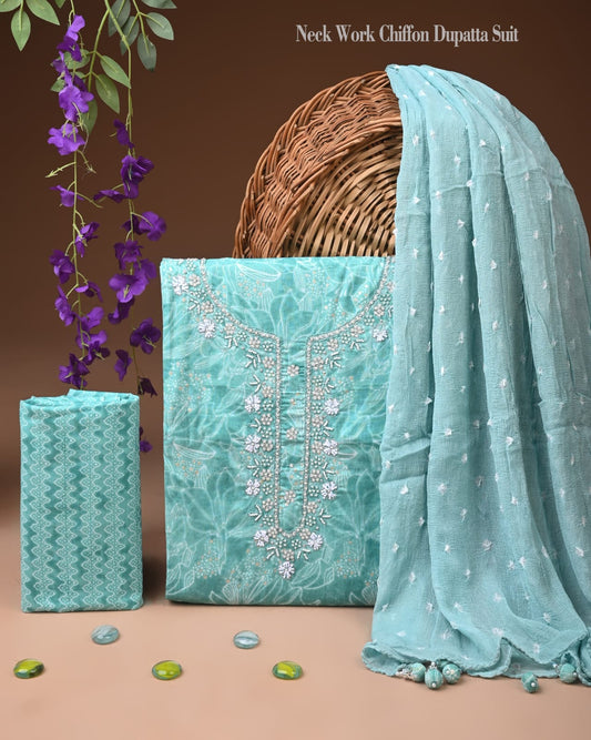 Premium Gota Patti Work Cotton Suit Set With Chiffon Dupatta