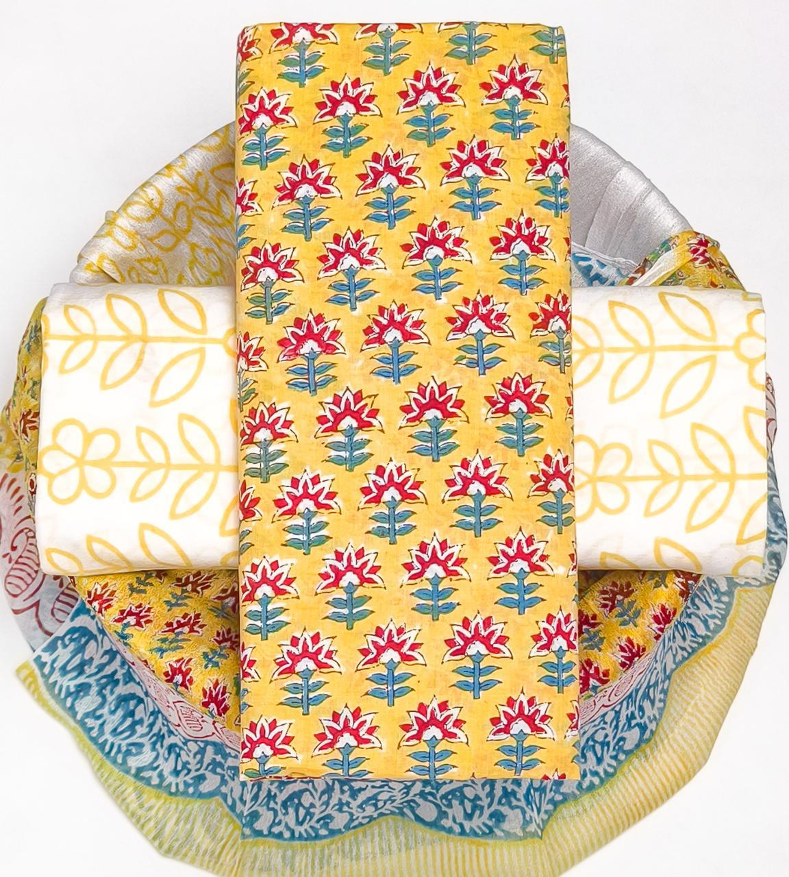 Pure Cotton Hand Block Printed Suit Set With Chiffon Dupatta