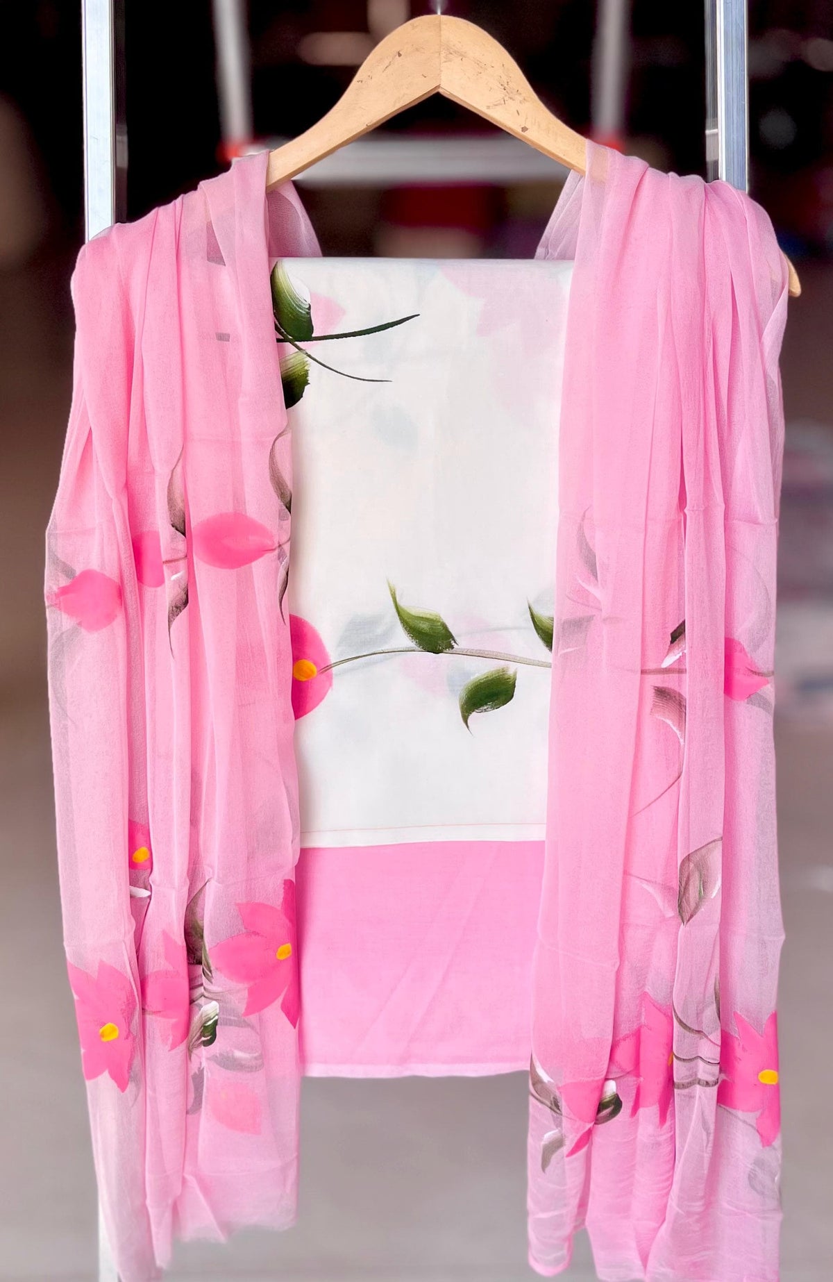 Pure Cotton Hand Block Printed Suit Set With Chiffon Dupatta