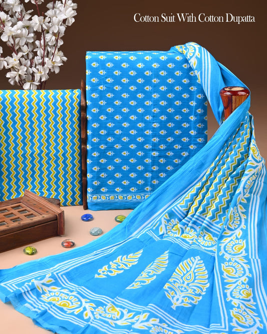 Designer Hand Block Printed Cotton Suit Set With Cotton Dupatta