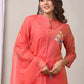 Elegant Coral Chanderi Silk Hand-Embroidered Suit Set with Dupatta