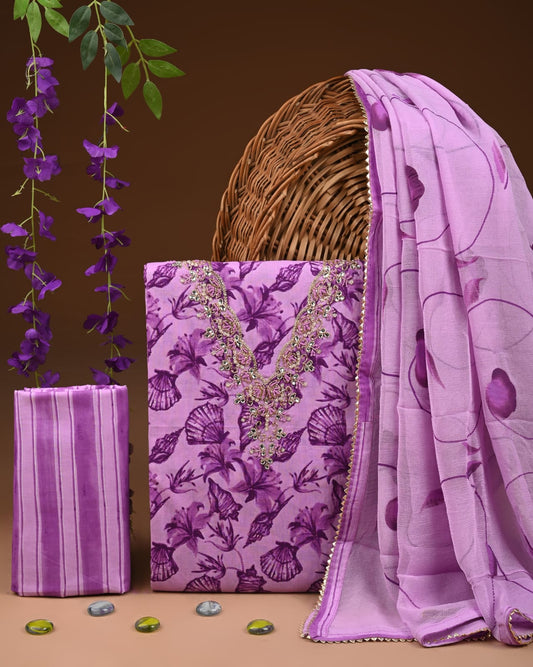 Premium Gota Patti Work Cotton Suit Set With Chiffon Dupatta