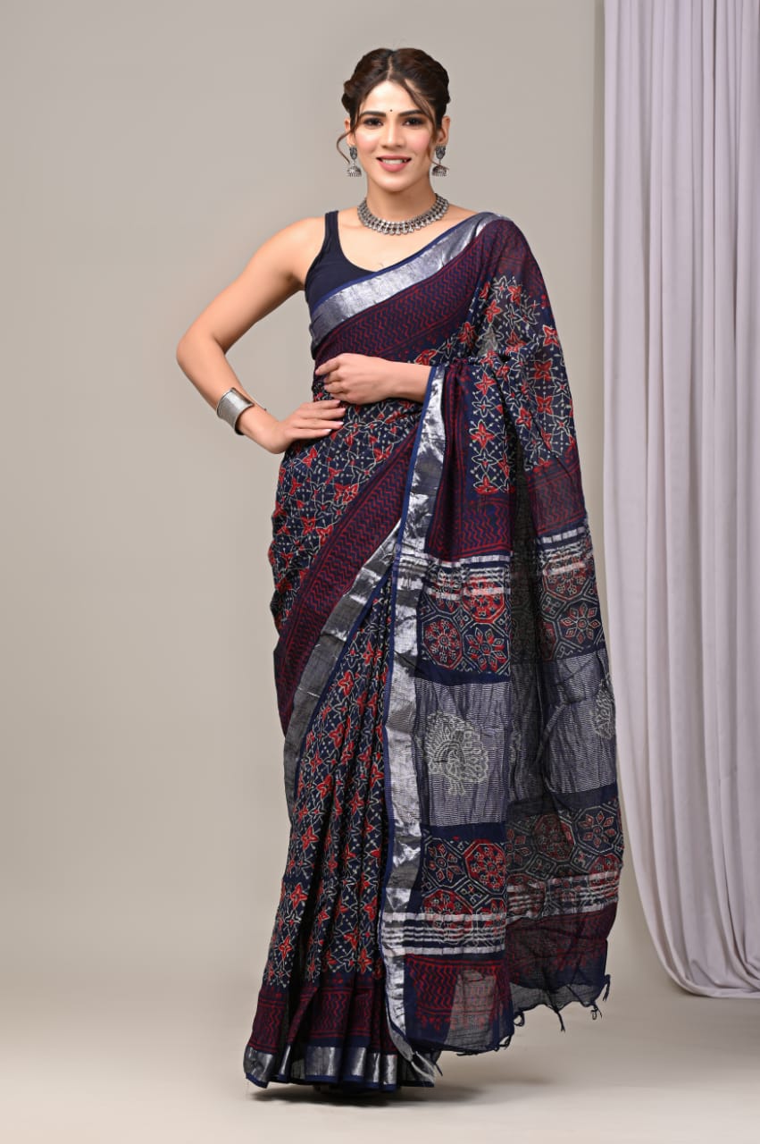 Pure Cotton Linen Handblock Printed Saree With Blouse
