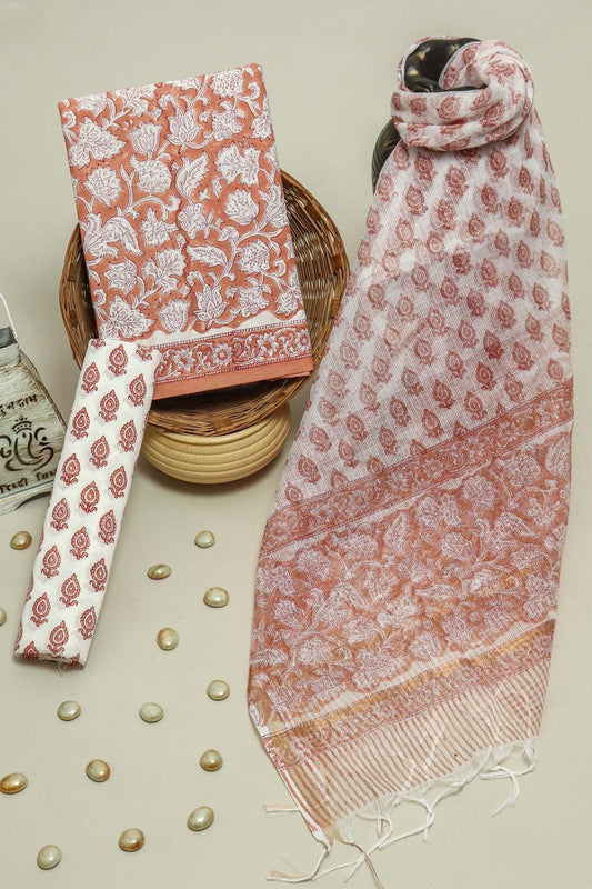 Pure Cotton Hand Block Printed Suit Set With Kota Doria Dupatta