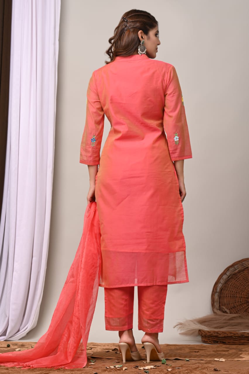 Elegant Coral Chanderi Silk Hand-Embroidered Suit Set with Dupatta