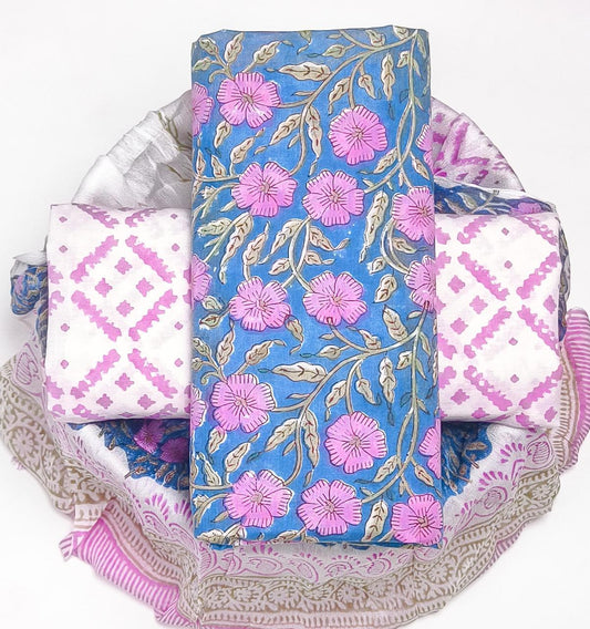 Pure Cotton Hand Block Printed Suit Set With Chiffon Dupatta