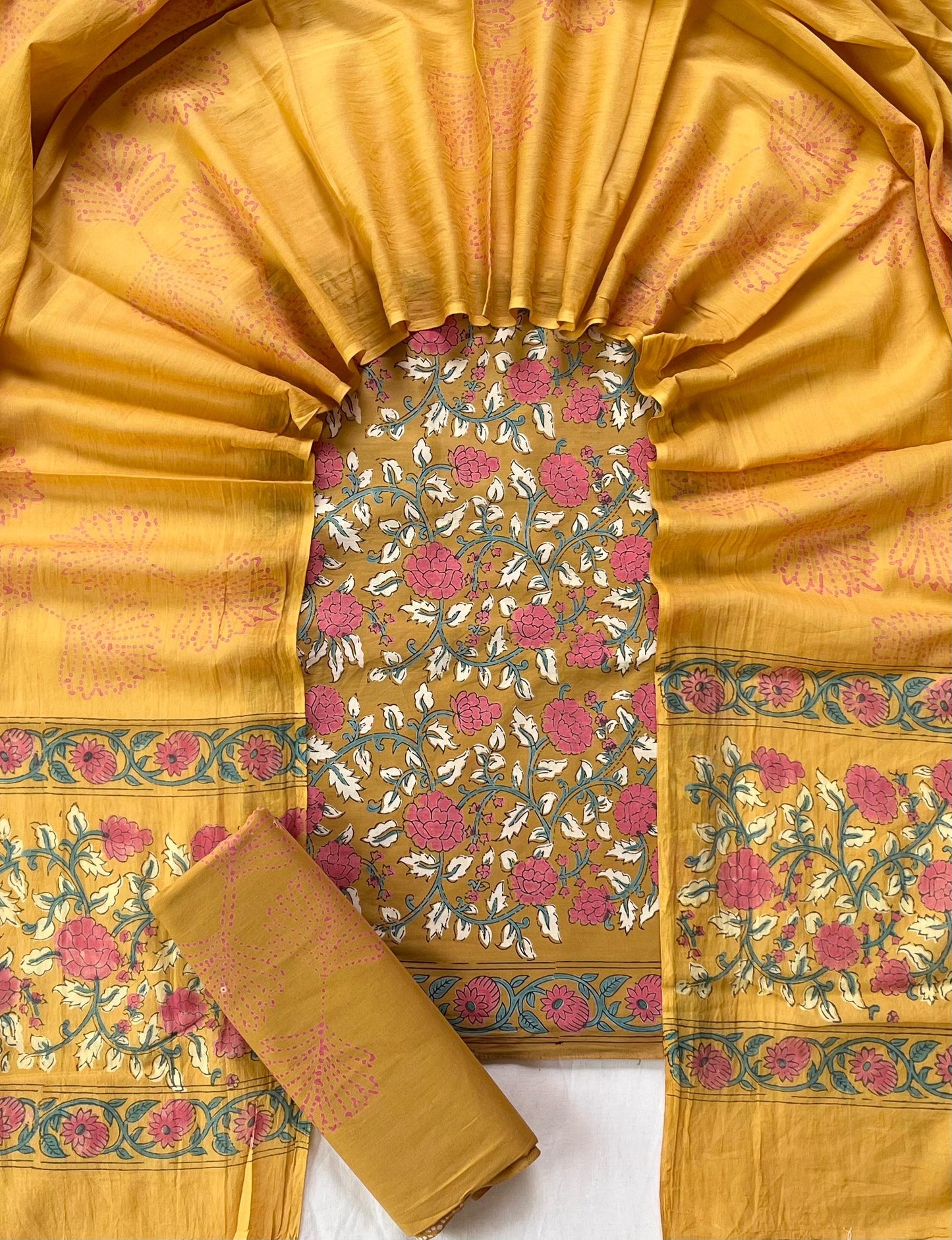 Pure Soft Cotton Hand Block Printed Suit Set With Cotton Dupatta