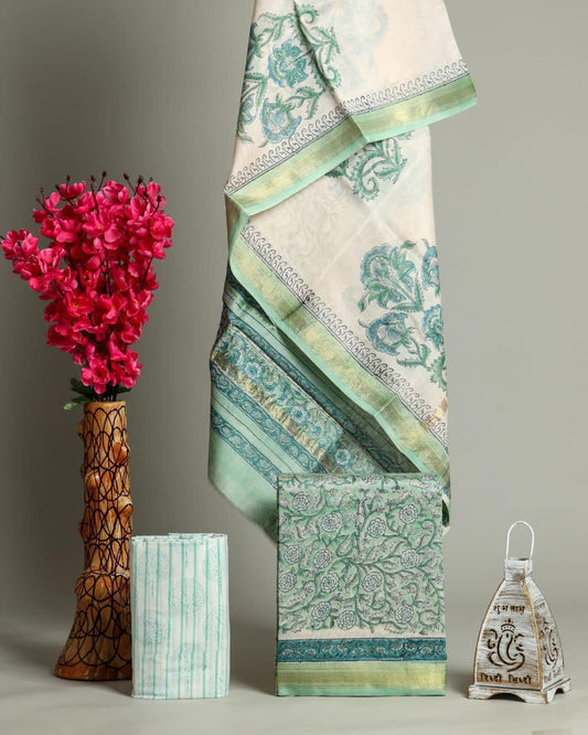 Designer Handblock Printed Maheshwari Silk Suit Set