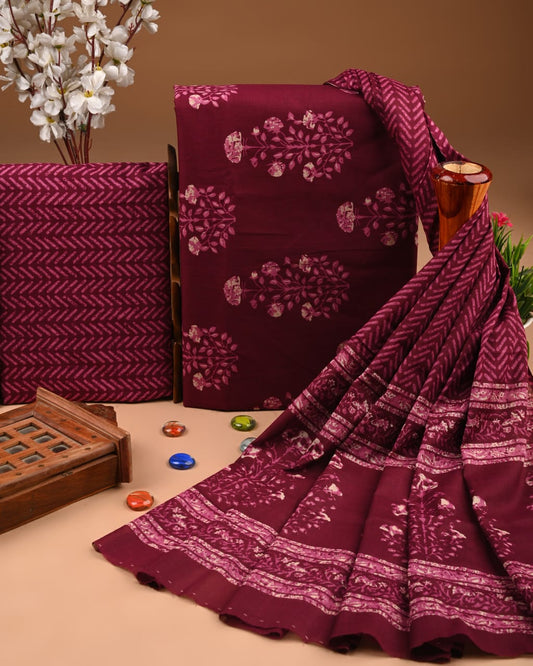Designer Hand Block Printed Cotton Suit Set With Cotton Dupatta