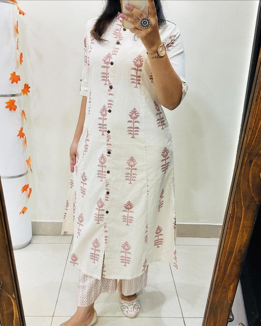 Premium Floral Fine Cotton Printed A-Line Pattern Kurti-Palazzo Set