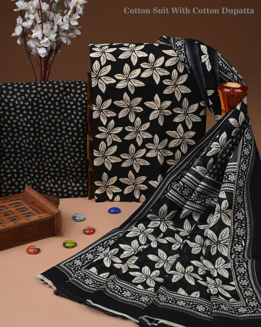 Designer Hand Block Printed Cotton Suit Set With Cotton Dupatta