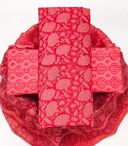 Pure Cotton Hand Block Printed Suit Set With Chiffon Dupatta