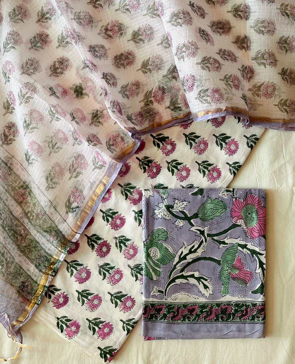 Pure Cotton Hand Block Printed Suit Set With Kota Doria Dupatta