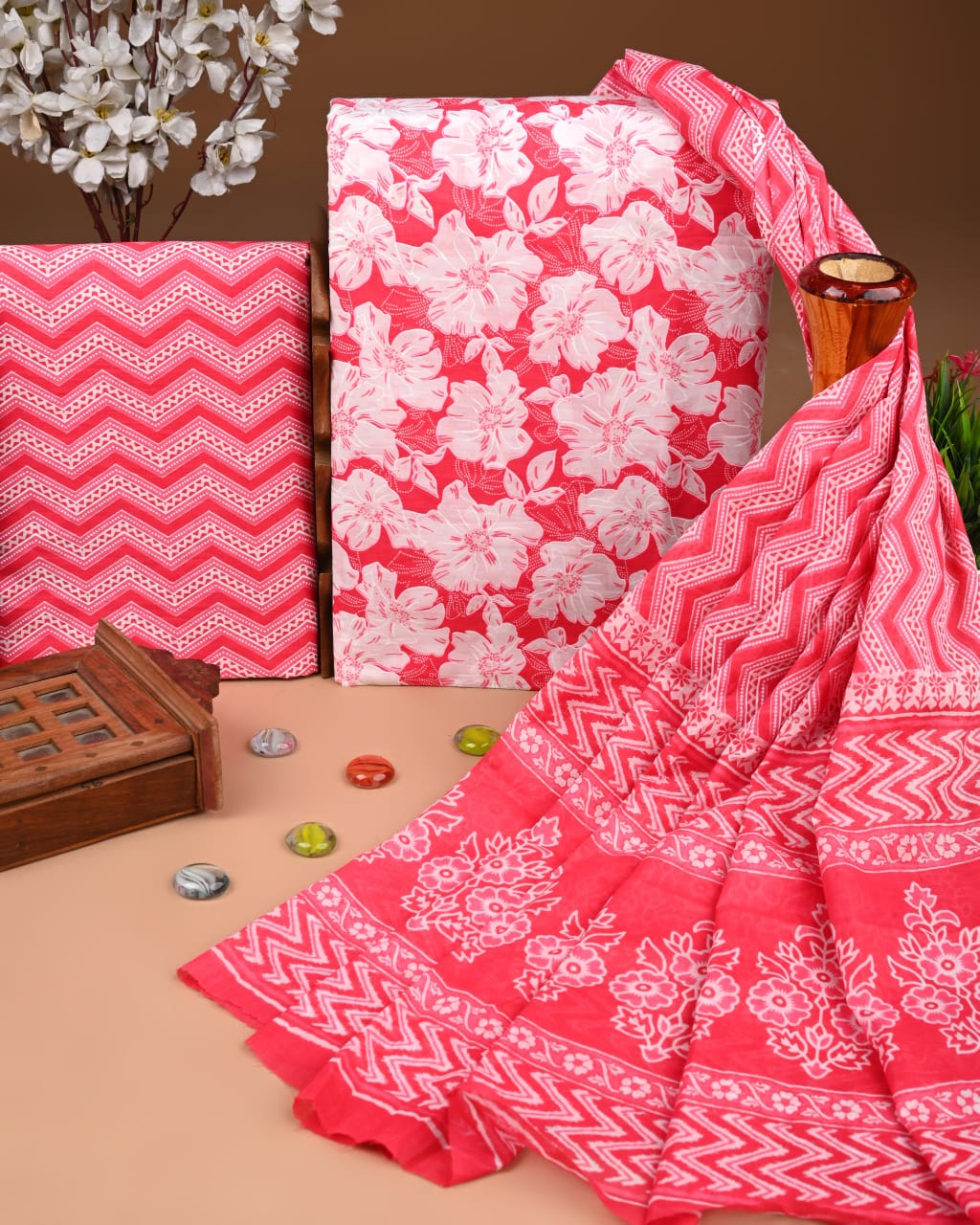 Designer Hand Block Printed Cotton Suit Set With Cotton Dupatta
