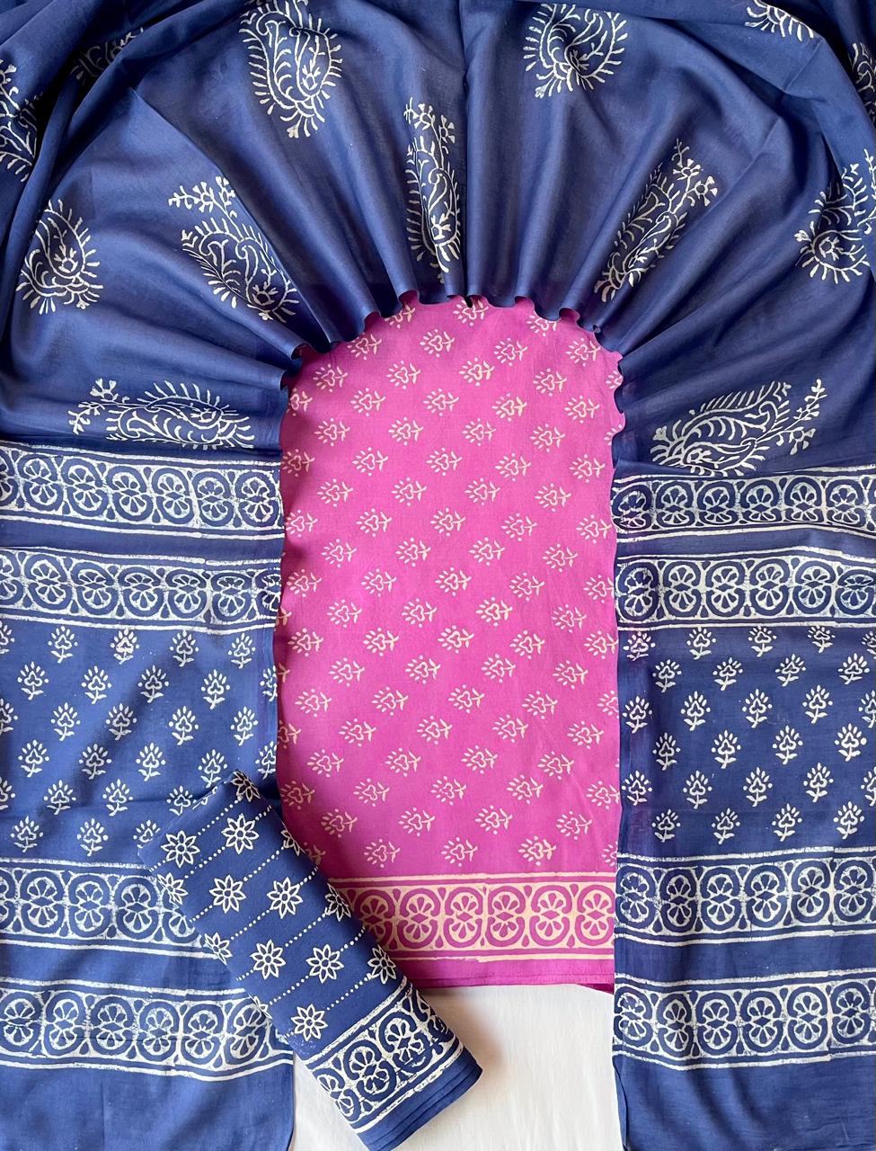 Pure Soft Cotton Hand Block Printed Suit Set With Cotton Dupatta