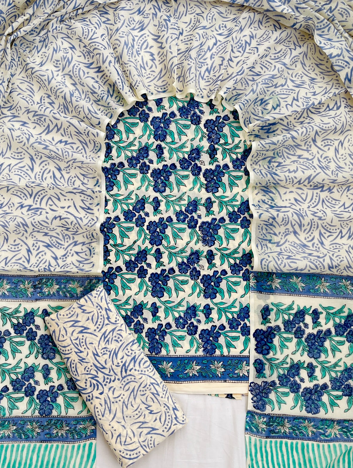 Pure Soft Cotton Hand Block Printed Suit Set With Cotton Dupatta