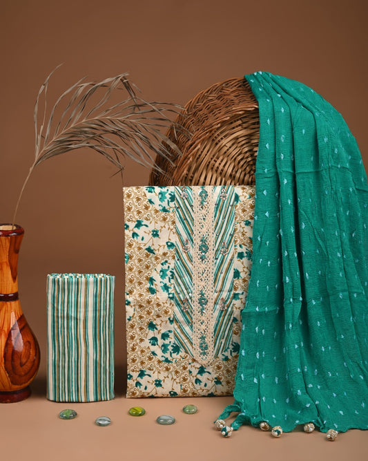 Premium Gota Patti Work Cotton Suit Set With Chiffon Dupatta