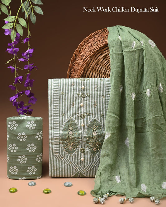 Premium Gota Patti Work Cotton Suit Set With Chiffon Dupatta