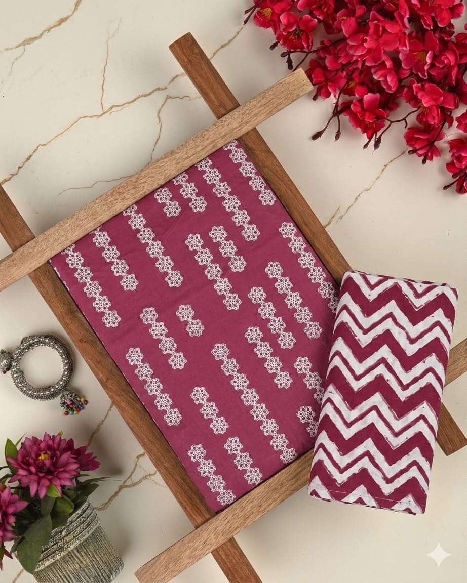 Pure Soft Cotton Handblock Printed 2PC Top-Bottom Suit Set (2.50 Meter Each)