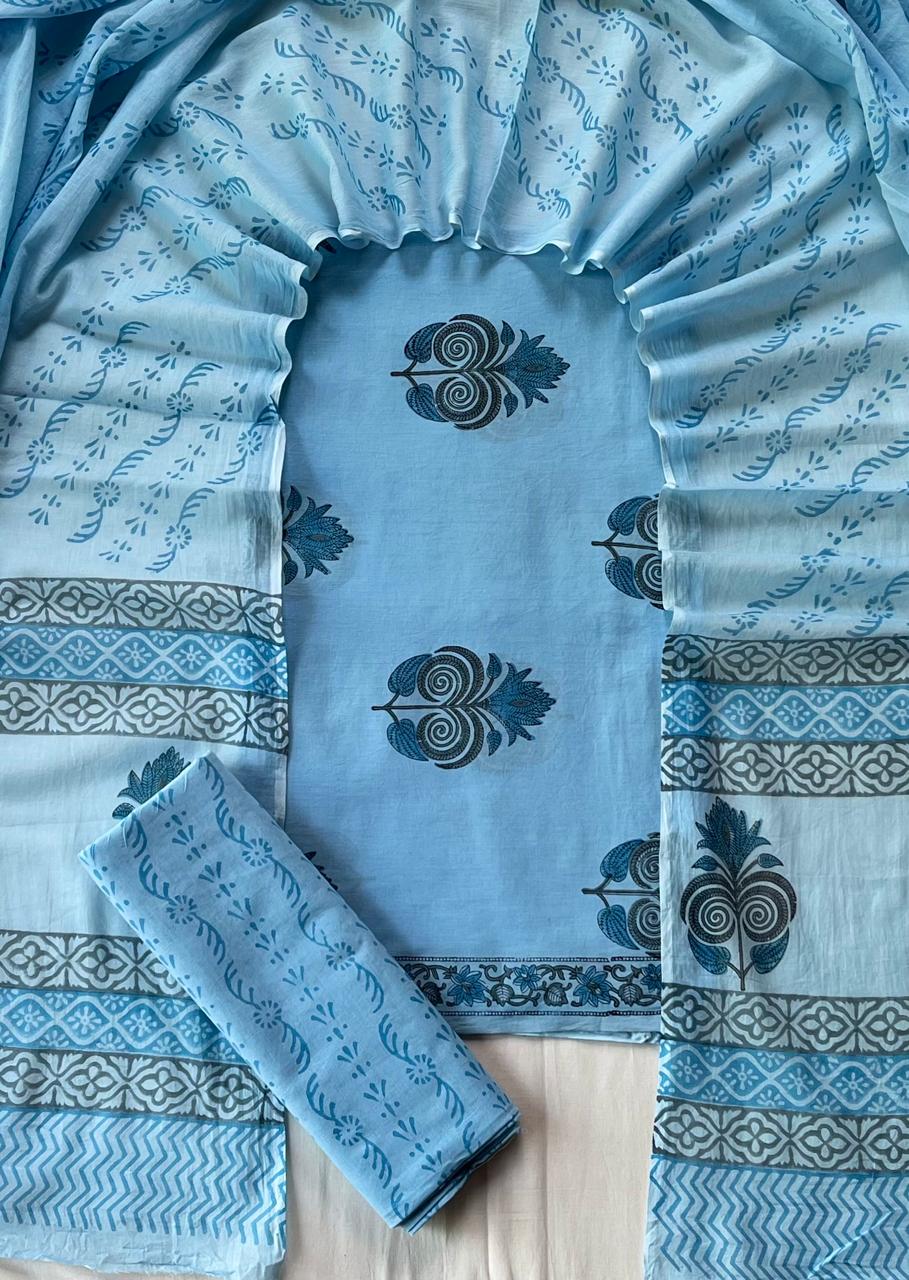 Pure Soft Cotton Hand Block Printed Suit Set With Cotton Dupatta