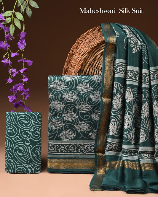Premium Designer Handblock Printed Maheshwari Silk Suit Set