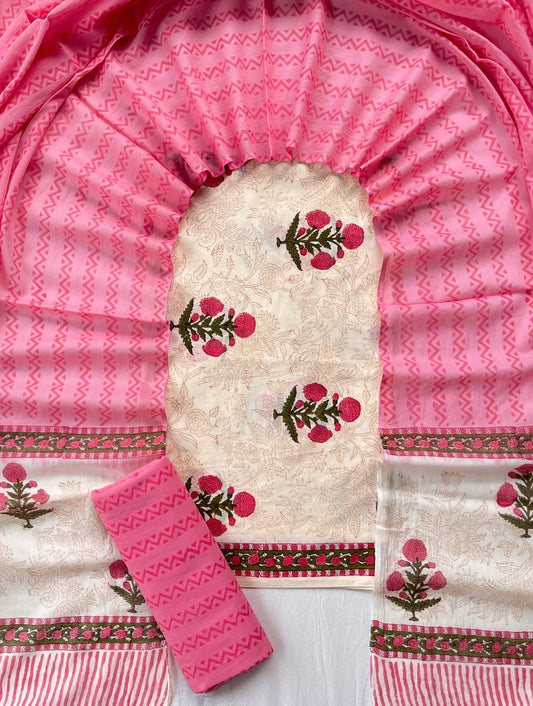 Pure Soft Cotton Hand Block Printed Suit Set With Cotton Dupatta