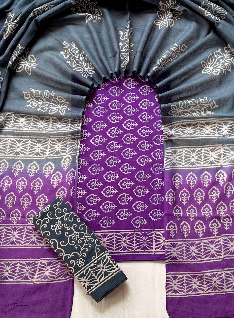 Pure Soft Cotton Hand Block Printed Suit Set With Cotton Dupatta
