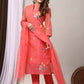 Elegant Coral Chanderi Silk Hand-Embroidered Suit Set with Dupatta