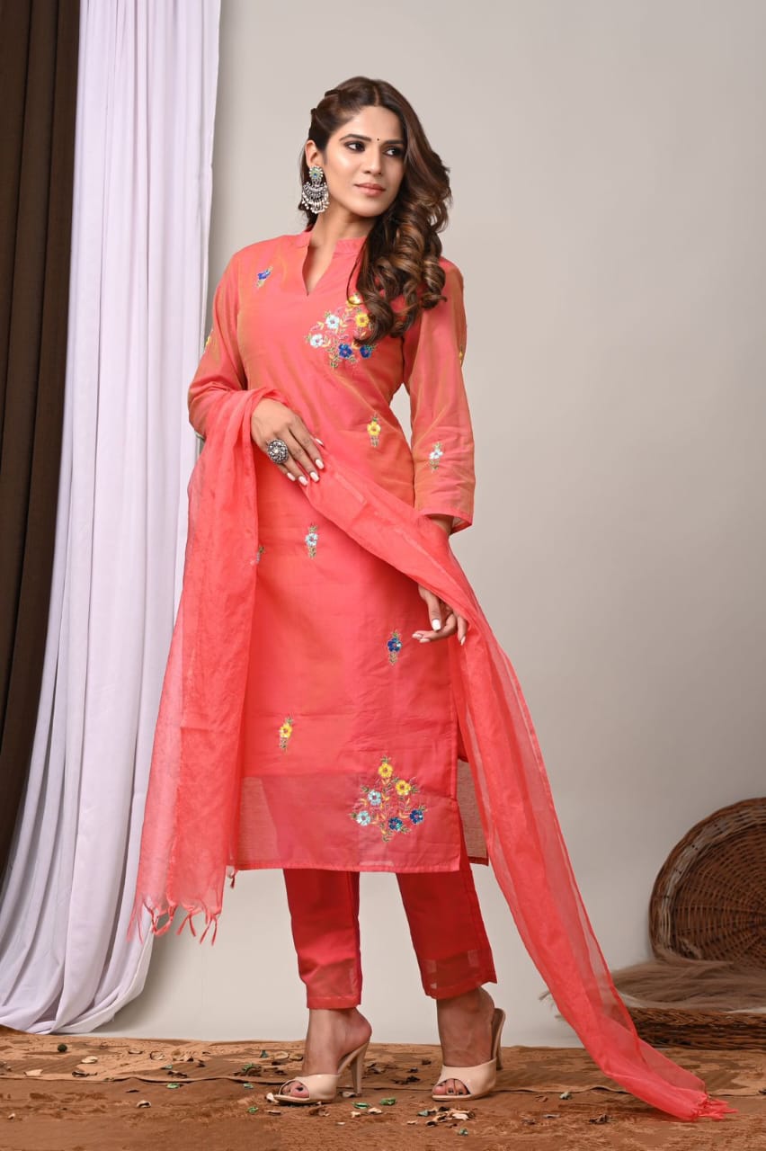 Elegant Coral Chanderi Silk Hand-Embroidered Suit Set with Dupatta