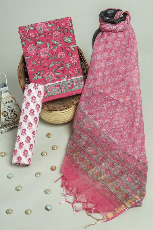 Pure Cotton Hand Block Printed Suit Set With Kota Doria Dupatta